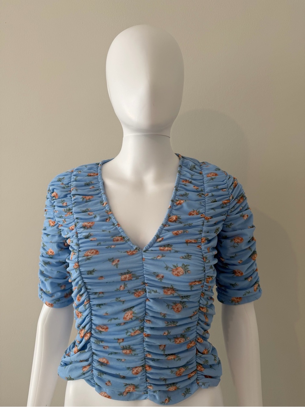 Zara Light Blue Floral Ruched V-Neck Blouse